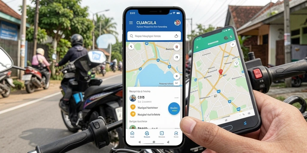 Antarmuka CUANGILA menampilkan peta dan rute navigasi motor secara jelas.