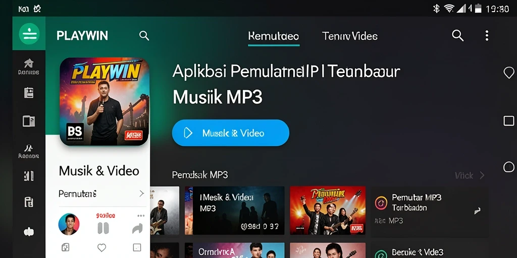 Screenshot utama PLAYWIN menampilkan antarmuka Pemutar MP3 yang bersih dan modern.